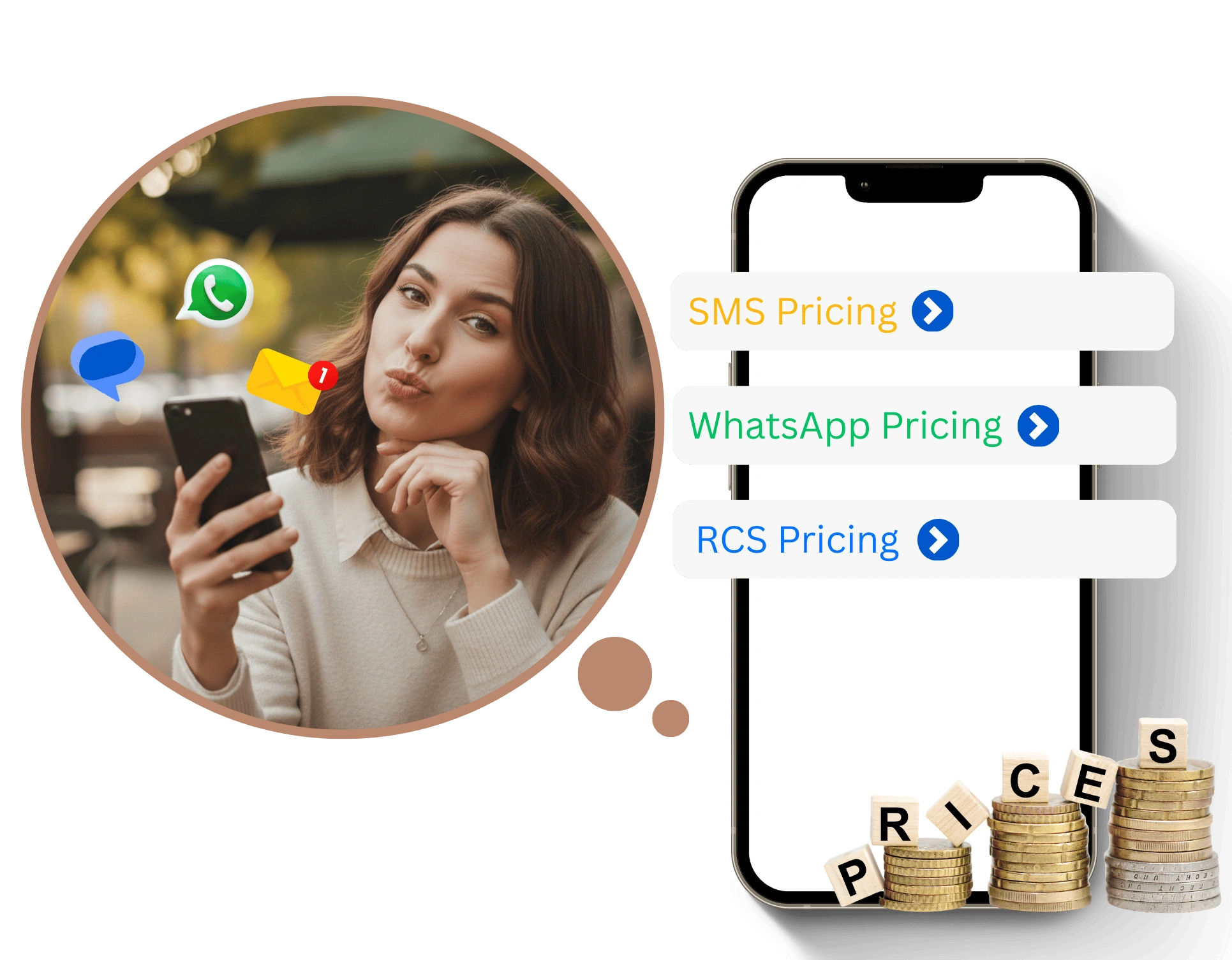 A woman holding a phone with floating WhatsApp, SMS, and email icons